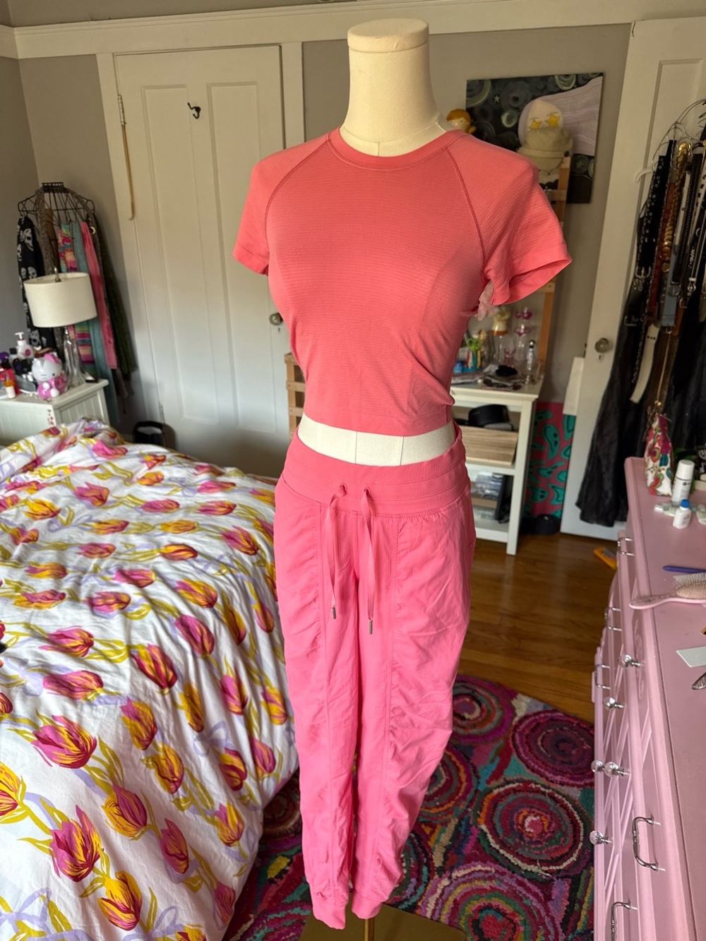 Women's Pink Lululemon Short-Sleeve Top & Drawstring Pants Set
